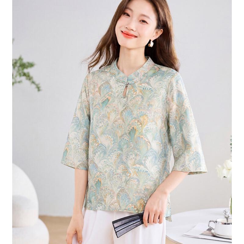 ORIGIN Women's Chinese Style Printed Stand Collar Mid-Sleeve Shirt