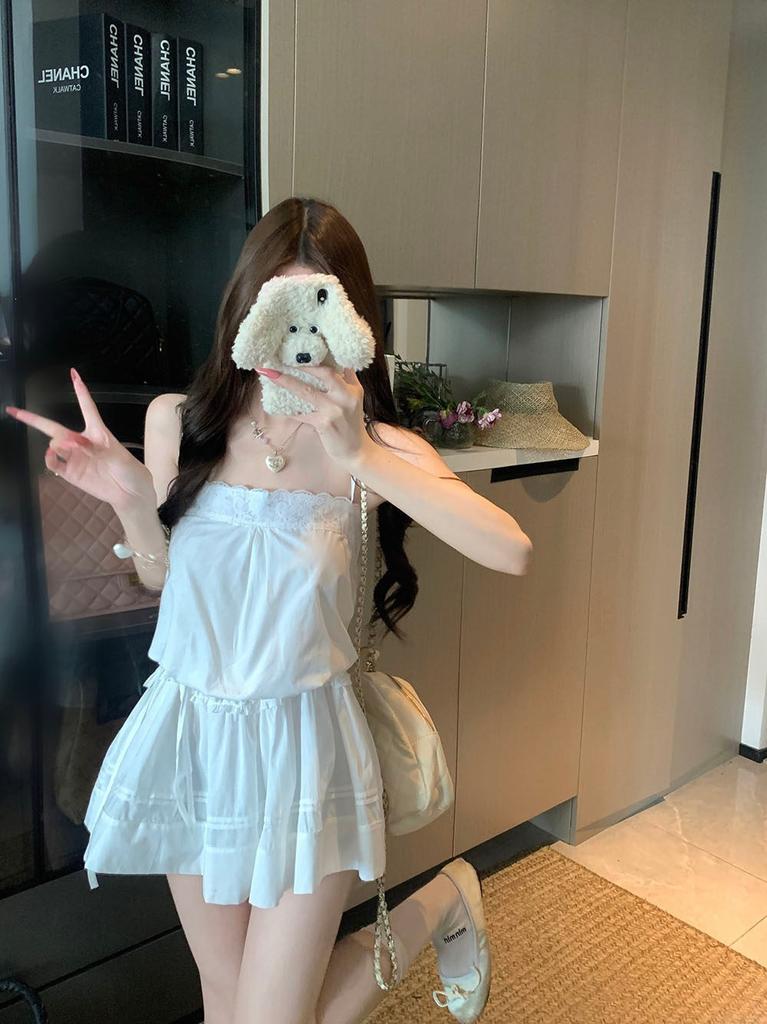 Cotton sweet stacked white suspender dress women's summer waist sexy lace temperament A word short skirt