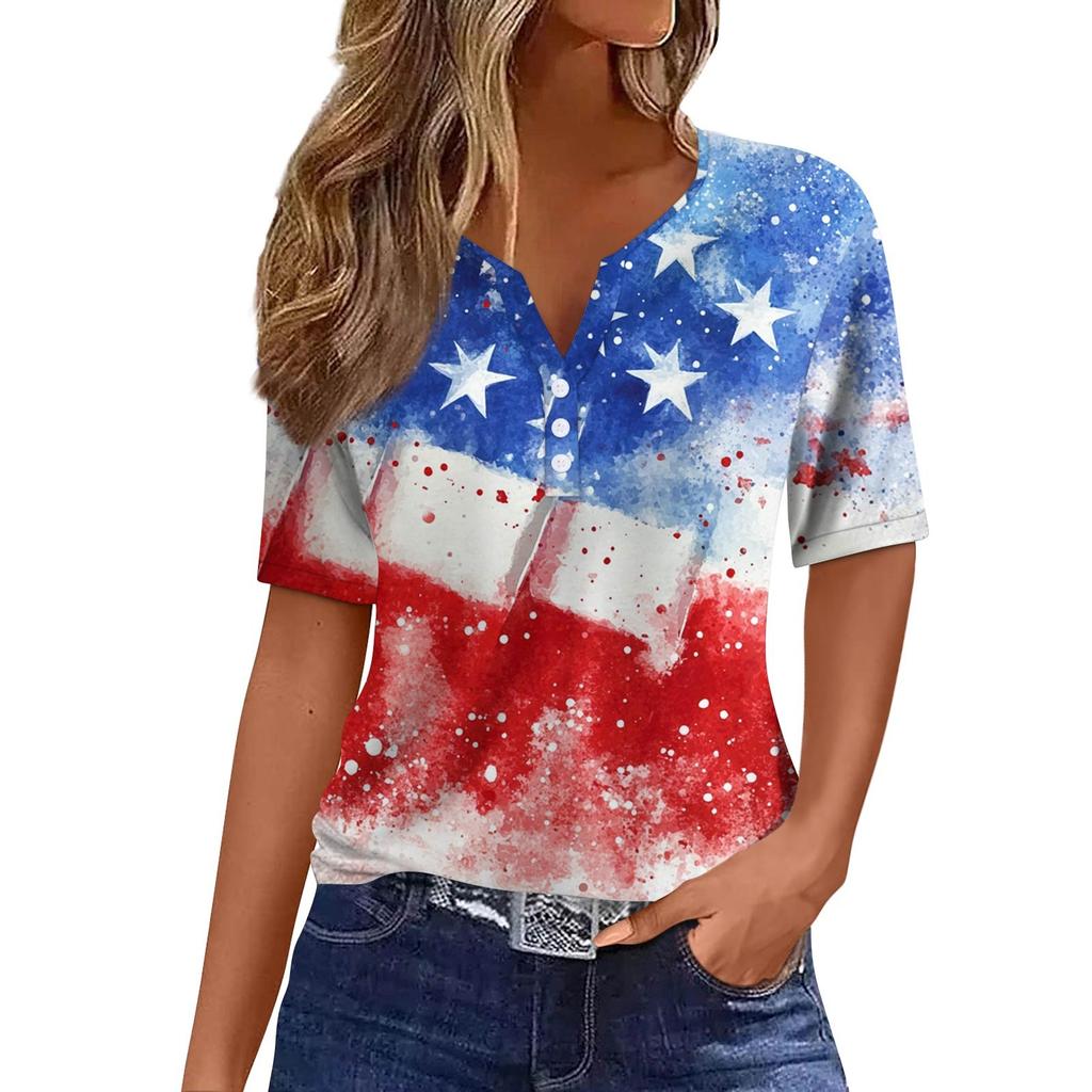 Women's Fashion Casual Independence Day Printed V-Neck Short Sleeve Button Top