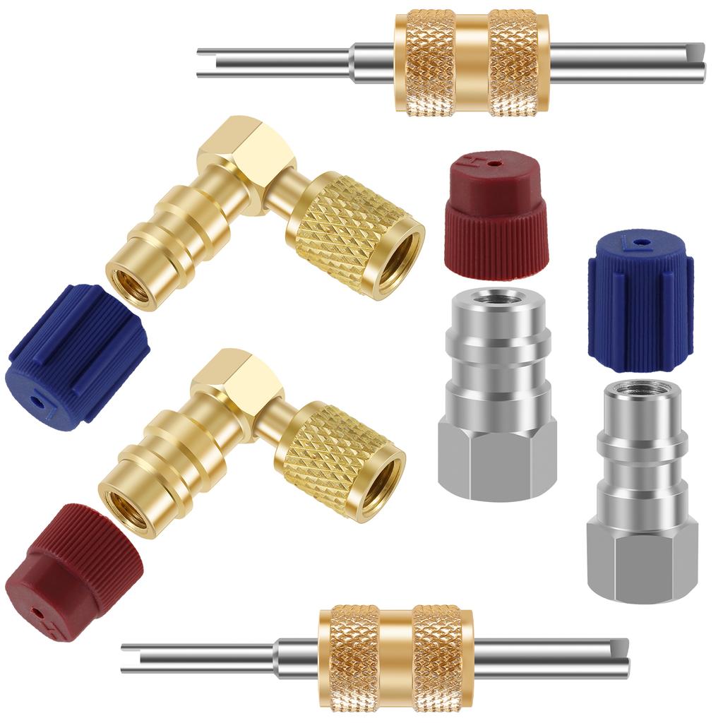 R12 To R134A Conversion Kit AC Fitting Port Retrofit Conversion Adapter 90° High/Low Side Retrofit Adapter Valve Core Remover