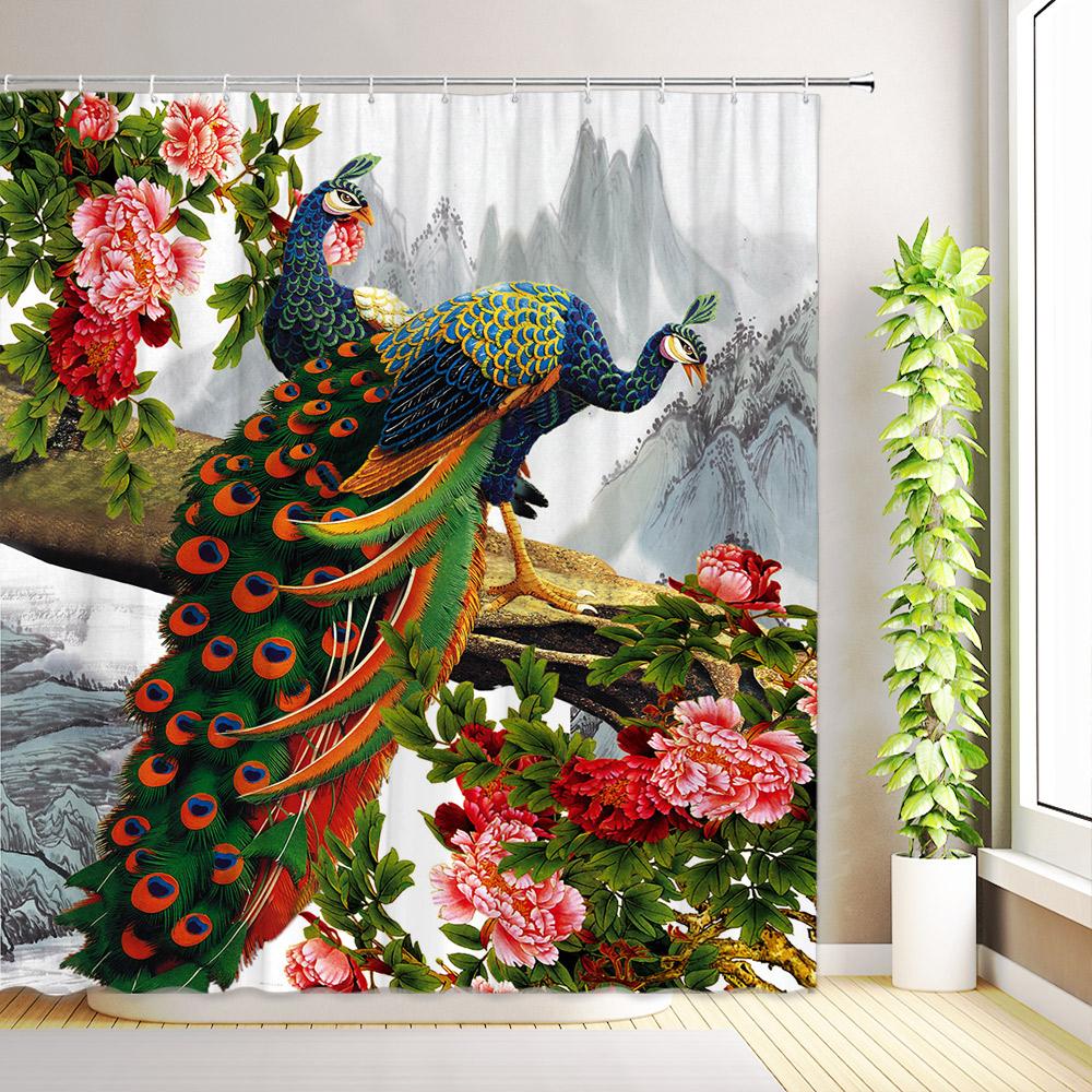 Cherry Blossom Sun Shower Curtain Watercolor Floral Plant Koi Fish Butterfly Peacock Nature Scenery Bathroom Decor with Hooks