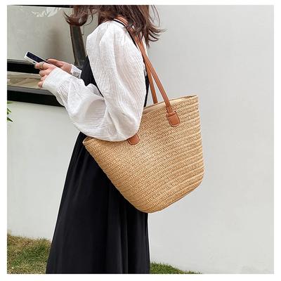 Damen Strandurlaub Retro Gewebte Umhängetasche Damen Sommer Grasgewebte Handtaschen Damen Lässig Strand Tragbar Achseltaschen Dame