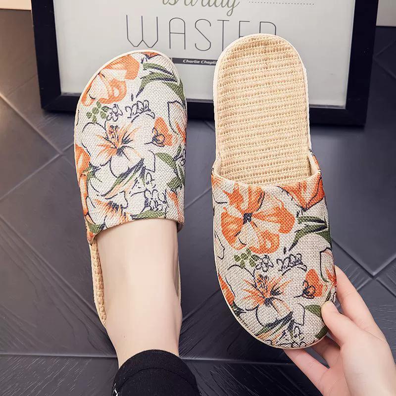 Indoor Comfortable Breathable Linen All Season Home Fabric Cool Slippers for Men and Women Couple's Flooring Soft Bottom Home Use