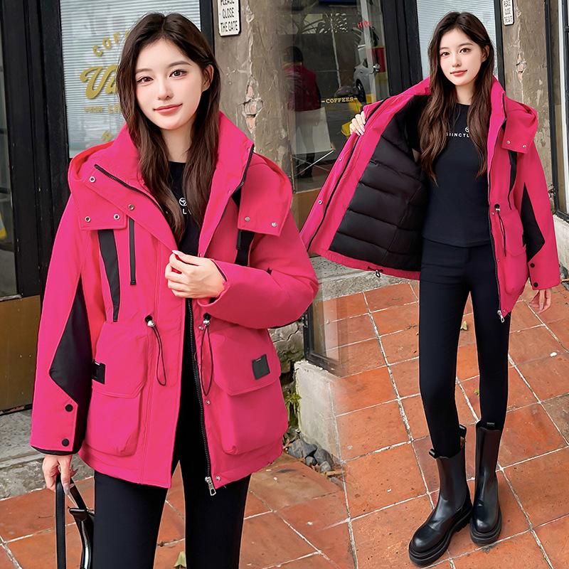 Color Matching Down Cotton Clothes Women's Medium and Long 2025 New Hooded Waist Winter Fashion Loose Thickened Warm Jacket