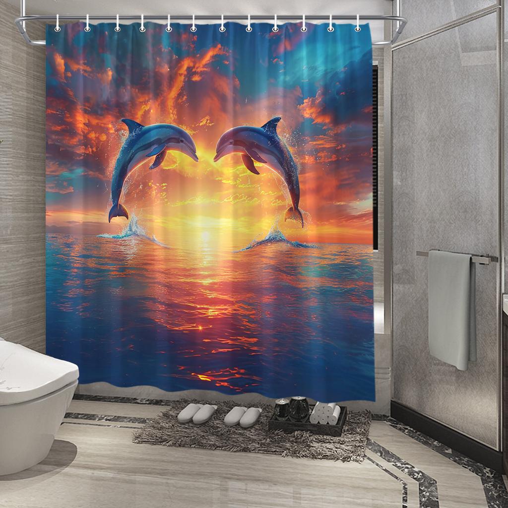 Sunset Dolphins Shower Curtain - Waterproof, Mildew-Resistant With Oceanic Design For Serene And Inspiring Bathroom Decor