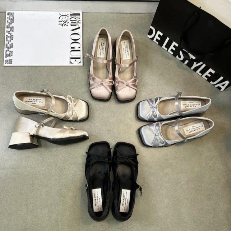 Fashion Hot Selling  Bow High Heels 2025 Spring  New Square-headed Silk Ribbon Buckle Single Shoes Shallow Thick-heeled Women's Shoes