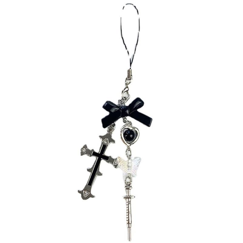 Telefon sjarmstropp nøkkelring Kawaii-søt nøkkelring lanyard streng svart cross-bue beaded kjede lanyard Y2K for kvinner jente