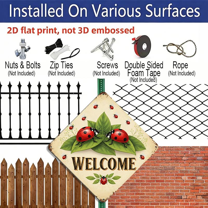 2D Flat - 1pc Vintage Ladybug Welcome Themed Aluminum Sign, English Slogan Wall Art, Rustic Aluminum Plaque, Suitable for Garden, Yard, Farm, Patio