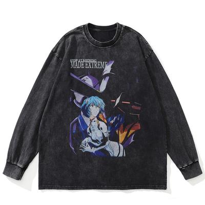 Streetwear Beidseitig Anime-Grafik Gewaschenes Schwarzes T-Shirt Baumwolle Unisex Übergröße Langarm T-Shirt