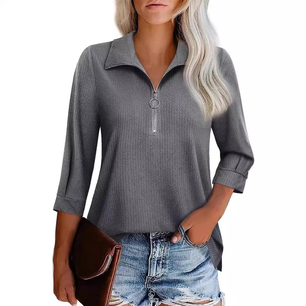 Women s Solid Color Three-quarter Sleeve Zipper Lapel Ribbed T-shirt Clothes Sale S