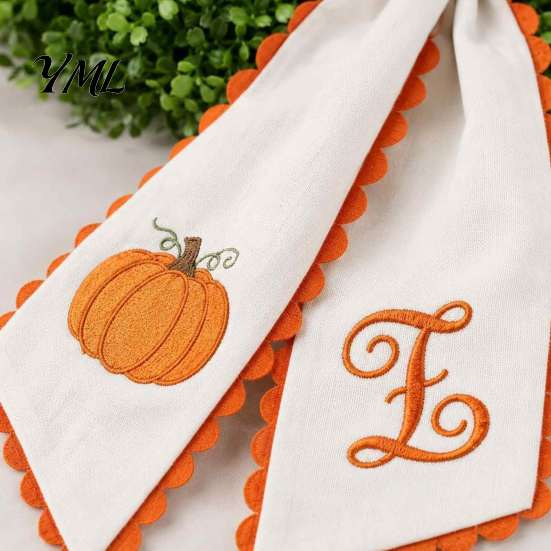 Rustic Fireplace Mantel Trimmings Halloween Pumpkin Wreath Sash for Fall Front Door Decor, Orange Scalloped Fabric Festival Gift Decorating