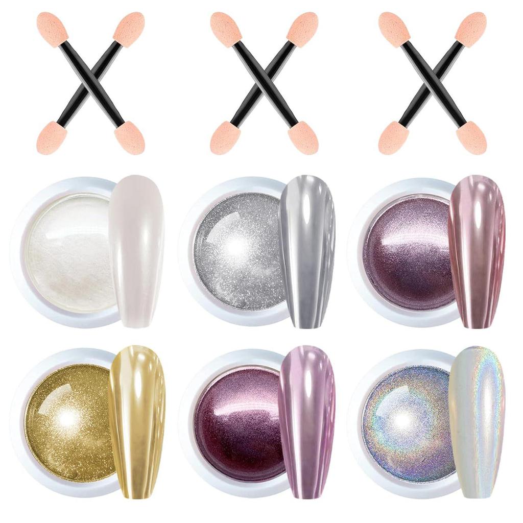Aurora Mirror Nail Art Set: 6 Color Powder & Blending Sponge