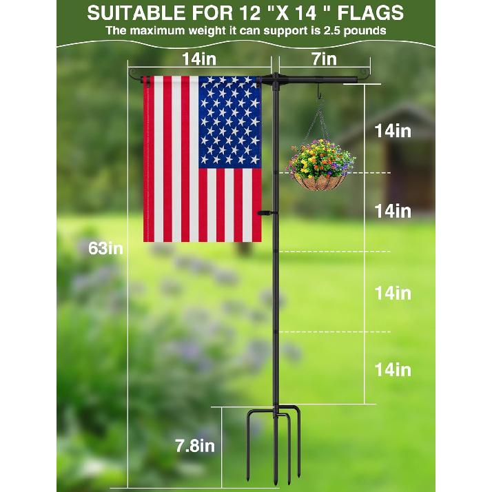 Garden Flag Holder Stand with Shepherds Hooks, 63 Inch Extra Thick Weather-Proof Powder-Coated Yard Flag Holder with 4 Prong Base, Heavy Duty 3/4