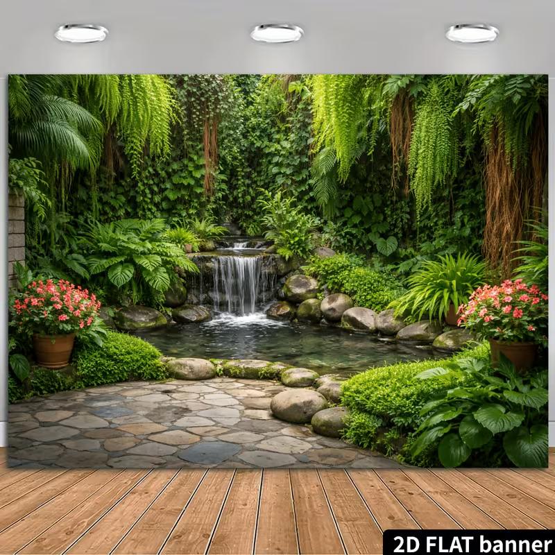 Zen Courtyard Banner with Ferns and Hanging Vines Photo Booth Background Cloth