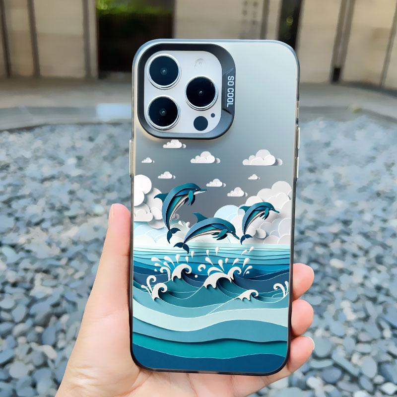 Marine Sharks Dolphins Blue Sea Waves Phone Case for iPhone 16 15 Pro Max Plus 14 13 Mini 12 11 Pro Max Shockproof Laser Covers