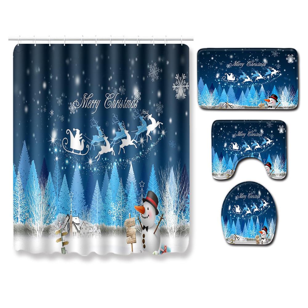Christmas Shower Curtain Floor Mat Combination Four-Piece Set Bathroom Toilet Carpet Shower Room Mat Foot Mat