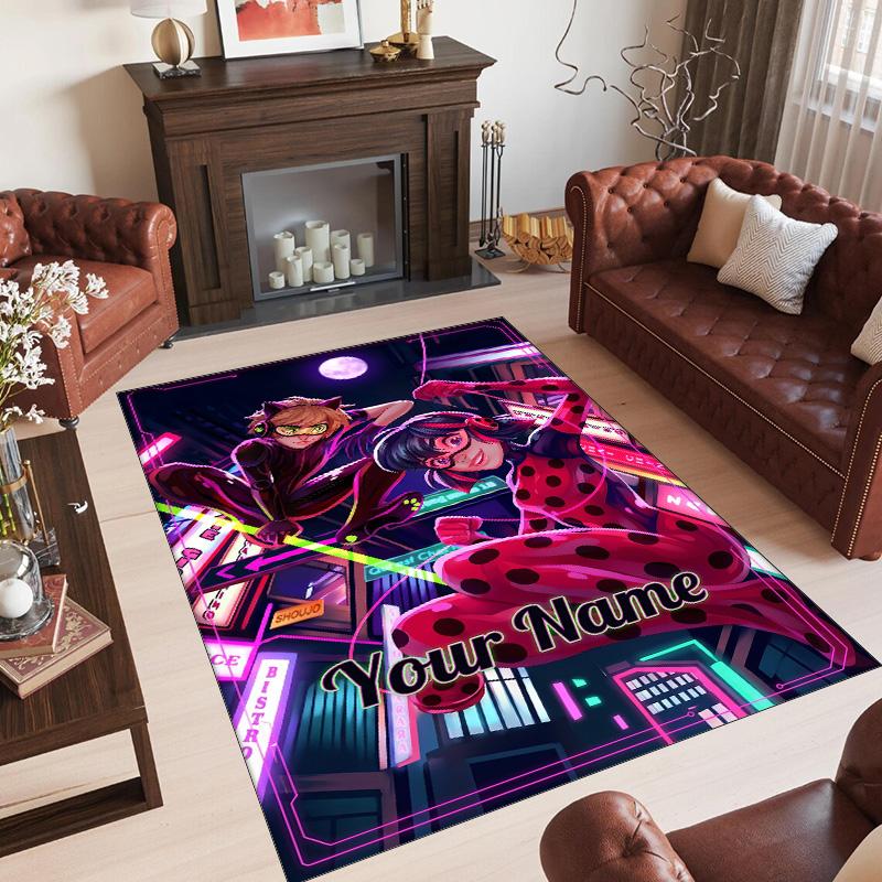 Alfombra de Terciopelo de Cristal Personalizada con Nombre y Texto, Alfombra de Área Antideslizante Miraculous Ladybug Para Decoración del Hogar