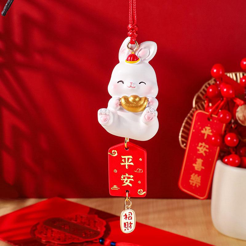 2024 New Year Rabbit Car Pendant Car Mirror Cute Rabbit Decoration Ornament Hanging Valentine's Day Gift Automotive Interior