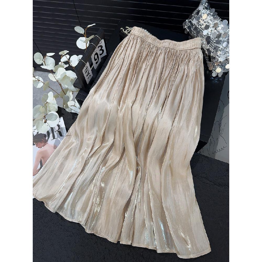 Retro Style Fashionable Pleated Drooping Slimming High Waist A- Line Skirt High-Grade Glossy Pearlescent Chiffon Pleated Skirt