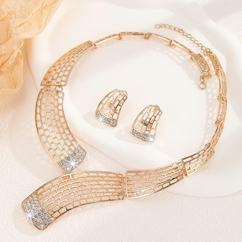 Diamond-studded openwork grid necklace and earring set - bridal wedding alloy chain set
