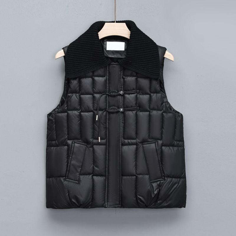 Women's Down Vest with Knitted Lapel Patchwork Vest Outer Wear Button-up Cotton Vest Vest Jacket for Autumn and Winter