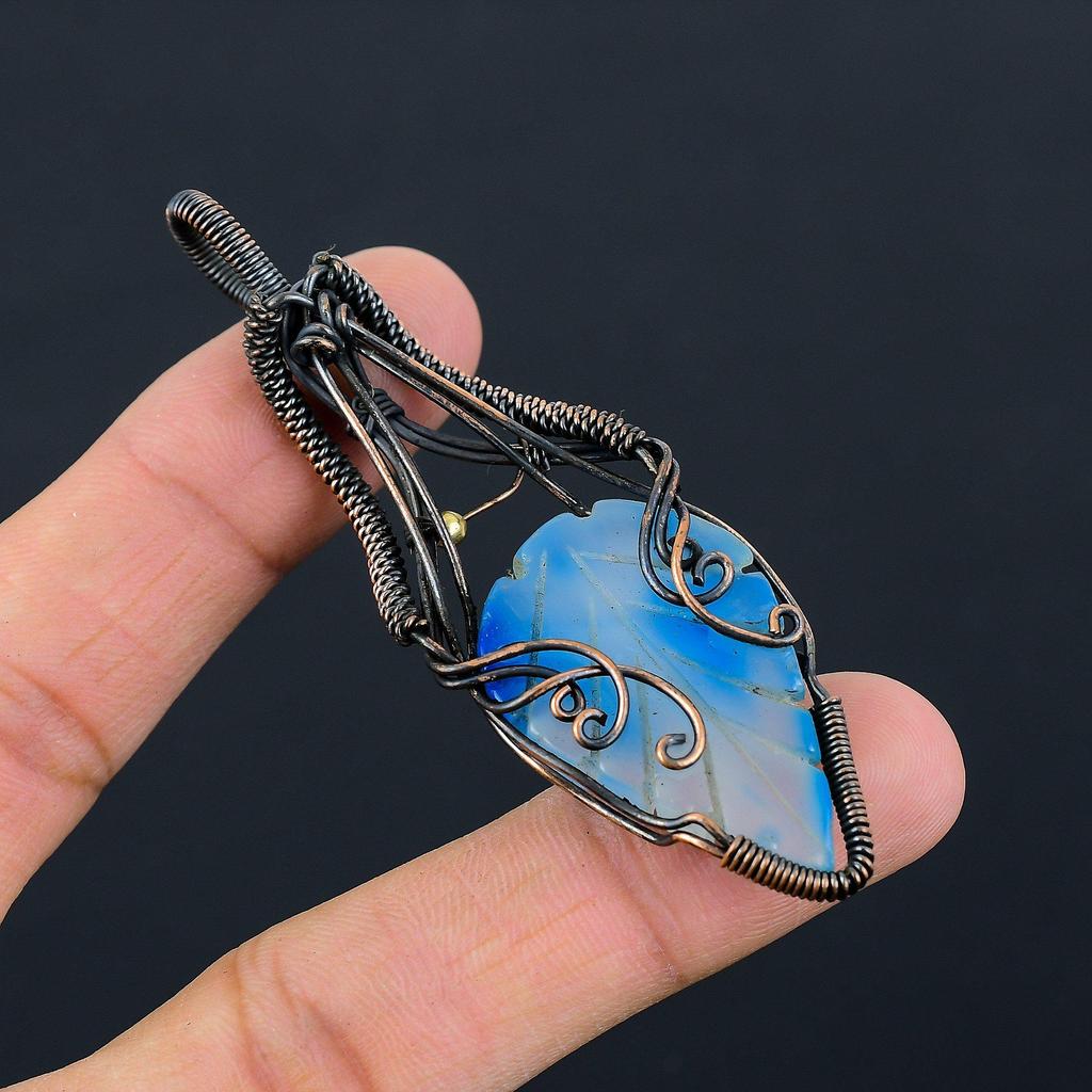 Unique Carved Blue Onyx Gemstone Pure Copper Wire Wrapped Handmade Pendant Jewelry