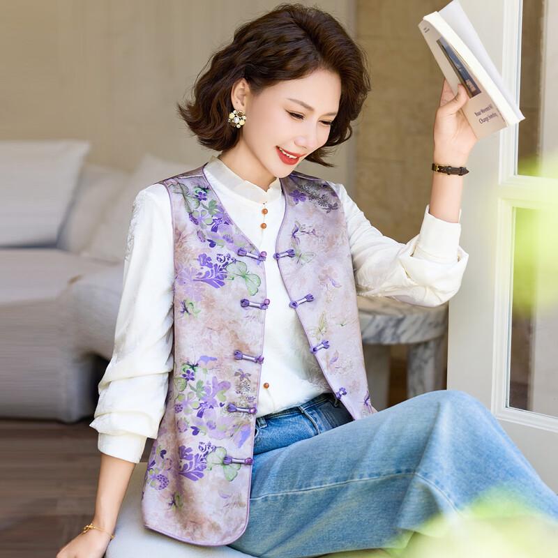 Pasto 2025 Autumn New Chinese Style Floral Print Disc Button Vest