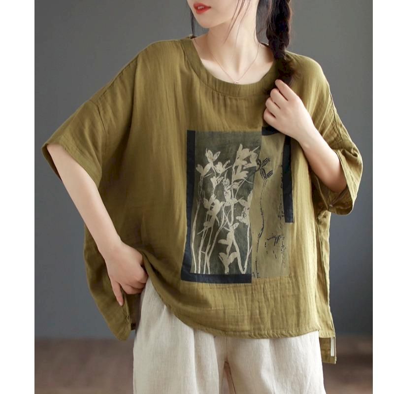Linen T Shirt Women Art Vintage Print Loose Fashion Casual Short Sleeve Oversized Blouse Summer Trend Thin