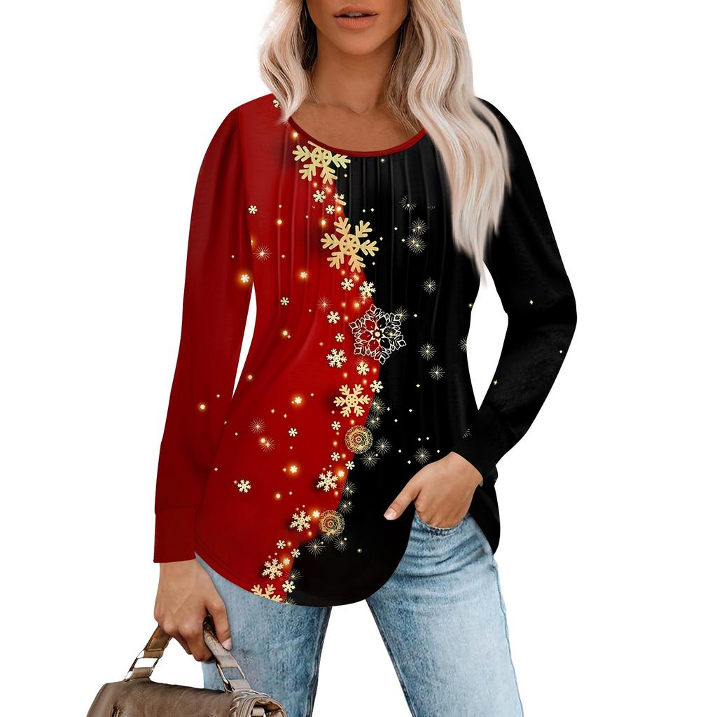 Long Sleeve Shirts For Women Tops Dressy Christmas Print Casual Blouses Pleated Scooped Neck Tunic Tops