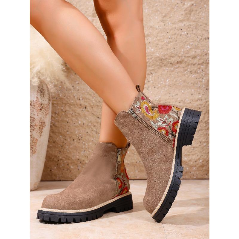 Winter 2025 Suede Print Booties Women's Plus Size Side Zipper Vintage Round Toe Muffin Martin Boots