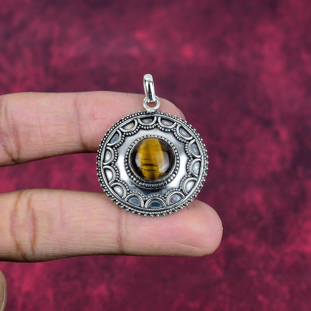 Pingente de prata esterlina sólida 925 olho de tigre, pingente de pedra preciosa feito à mão, presente para a mãe, joias antigas