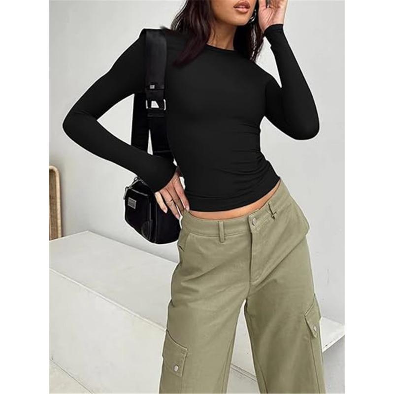 

Autumn and Winter Solid Color Versatile Long Sleeved Pullover Women s T-shirts S чорний