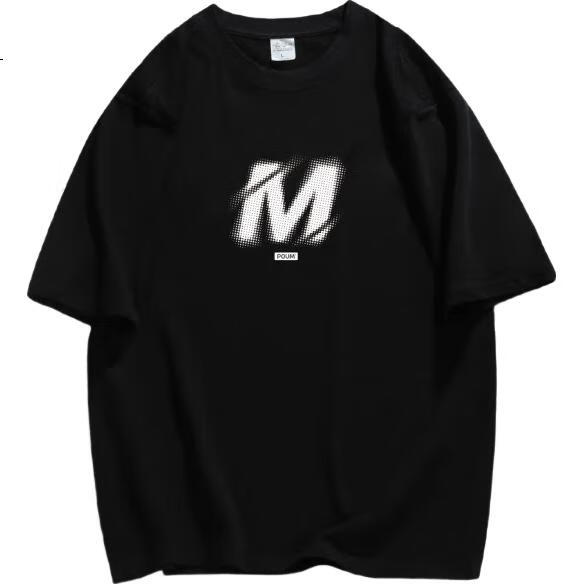 POUM American-Style Short-Sleeve T-Shirt for Men And Women, Summer Cool Trendy Loose Casual High Street Pure Cotton PH10 Black 2XL