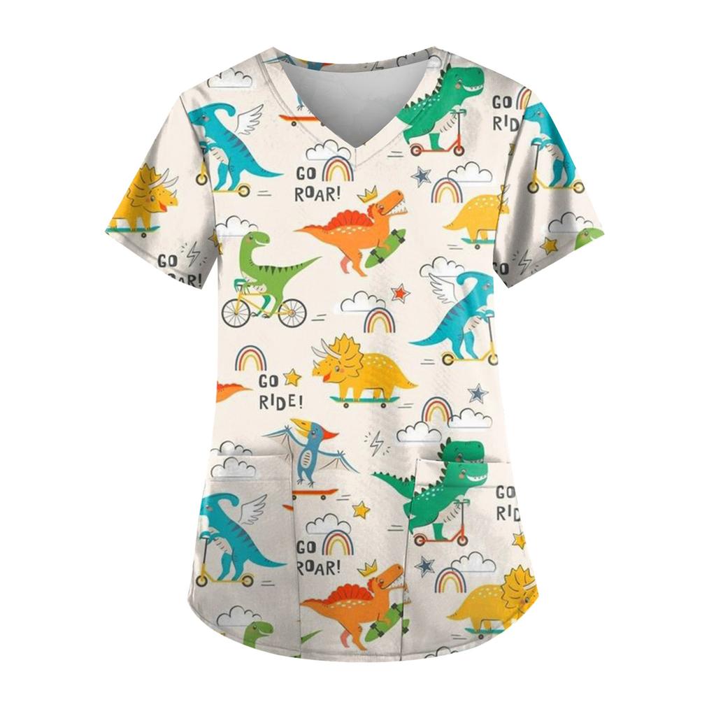 Plus Size Dinosaur Printed Working Uniform Tops For Women V-Neck Short Sleeve T-Shirts Workwear Tee With Pockets