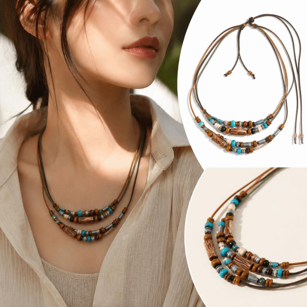 Wood Beads Boho Necklace Set Cord Vintage Wooden Bead Jewelry Wooden Bead Jewelry Set Boho Styling