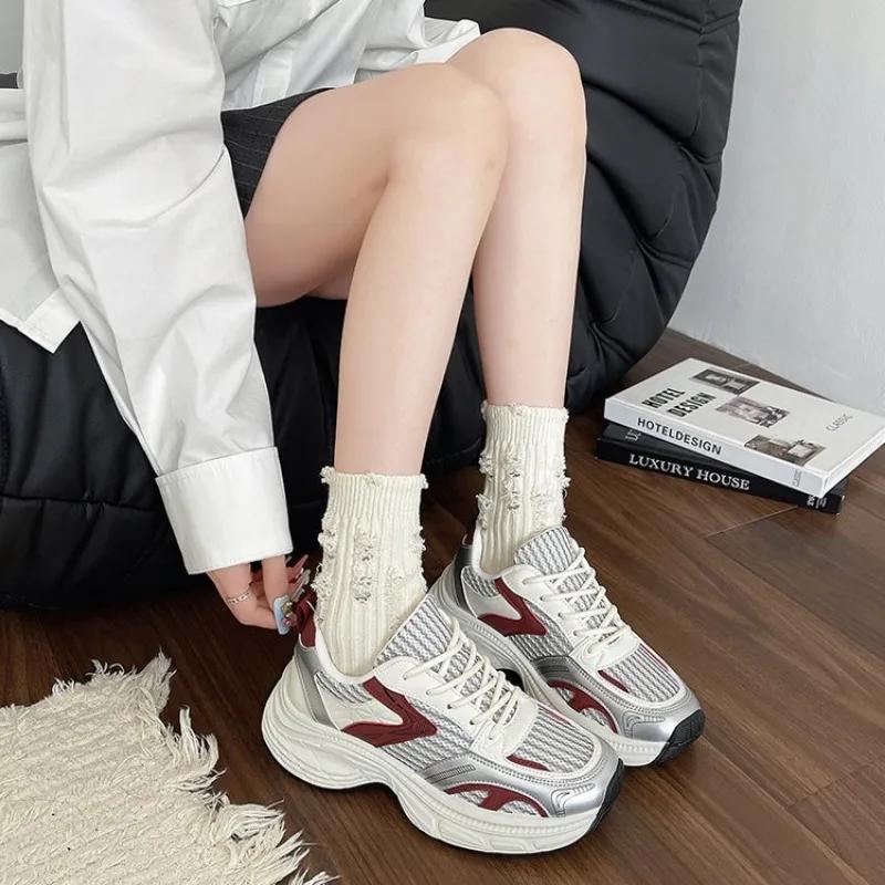 Sneakers Women Mesh Solid Color Patchwork Thick Sole Lace-up  fall Female Leisure Shoes for woman platform sneakers