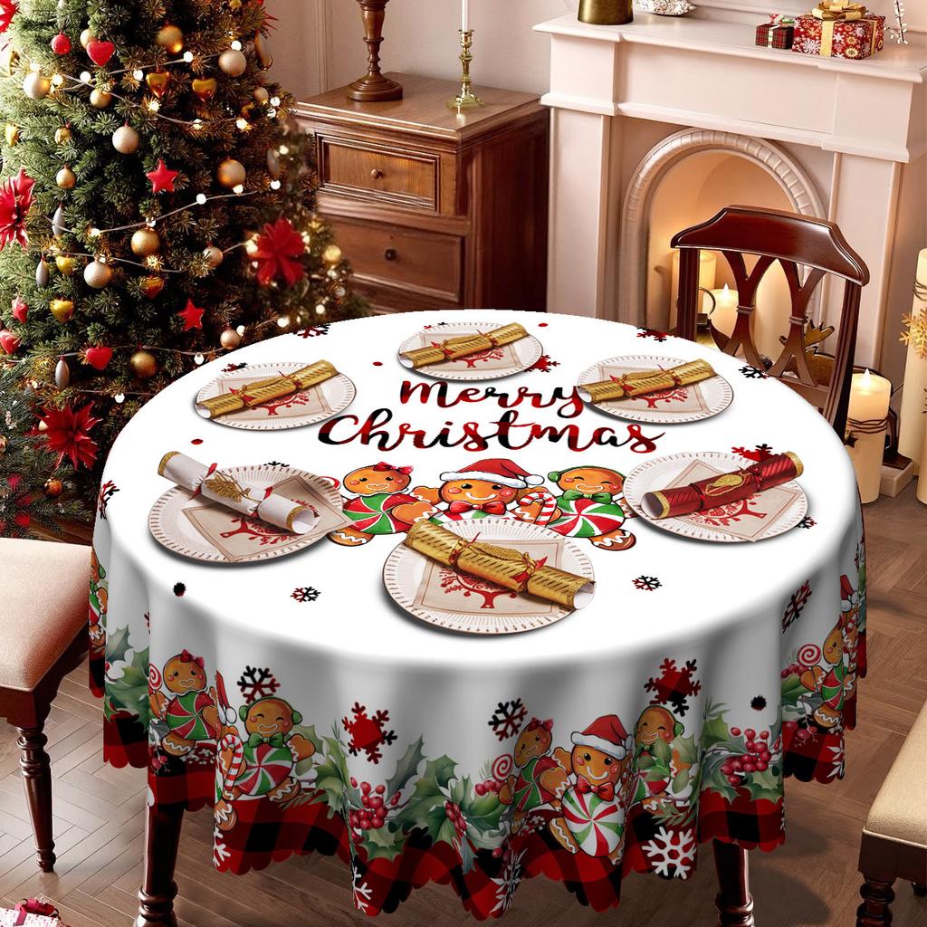 Christmas Table Cloth, Gingerbread Man Print, Snowflake Red And Black Check, Round Waterproof Round Table Cloth, Picnic Cloth