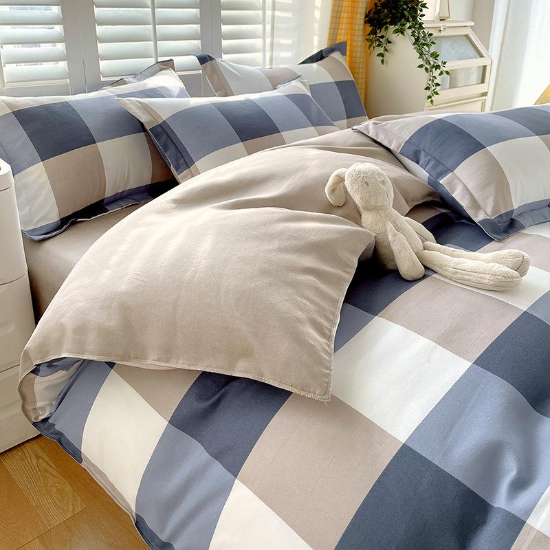 Muji Japanese Washed Cotton Flannel Plaid Bedding Set - 4 Pieces, Good Quality, Student Dormitory Style