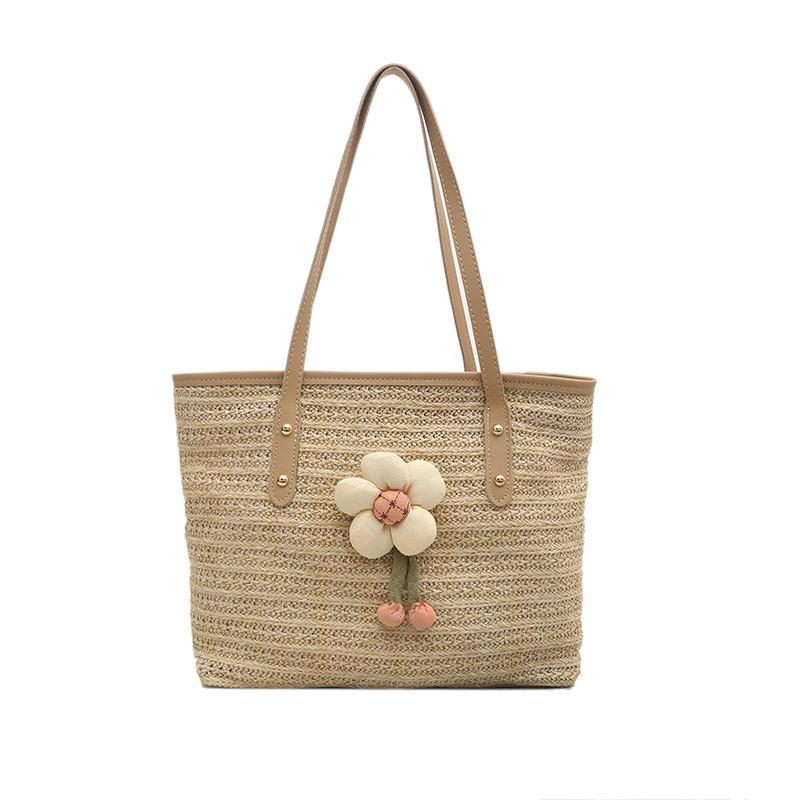 Simple Flower Decoration Large Capacity Women Casual Grass Woven Bag For Everyday Travel