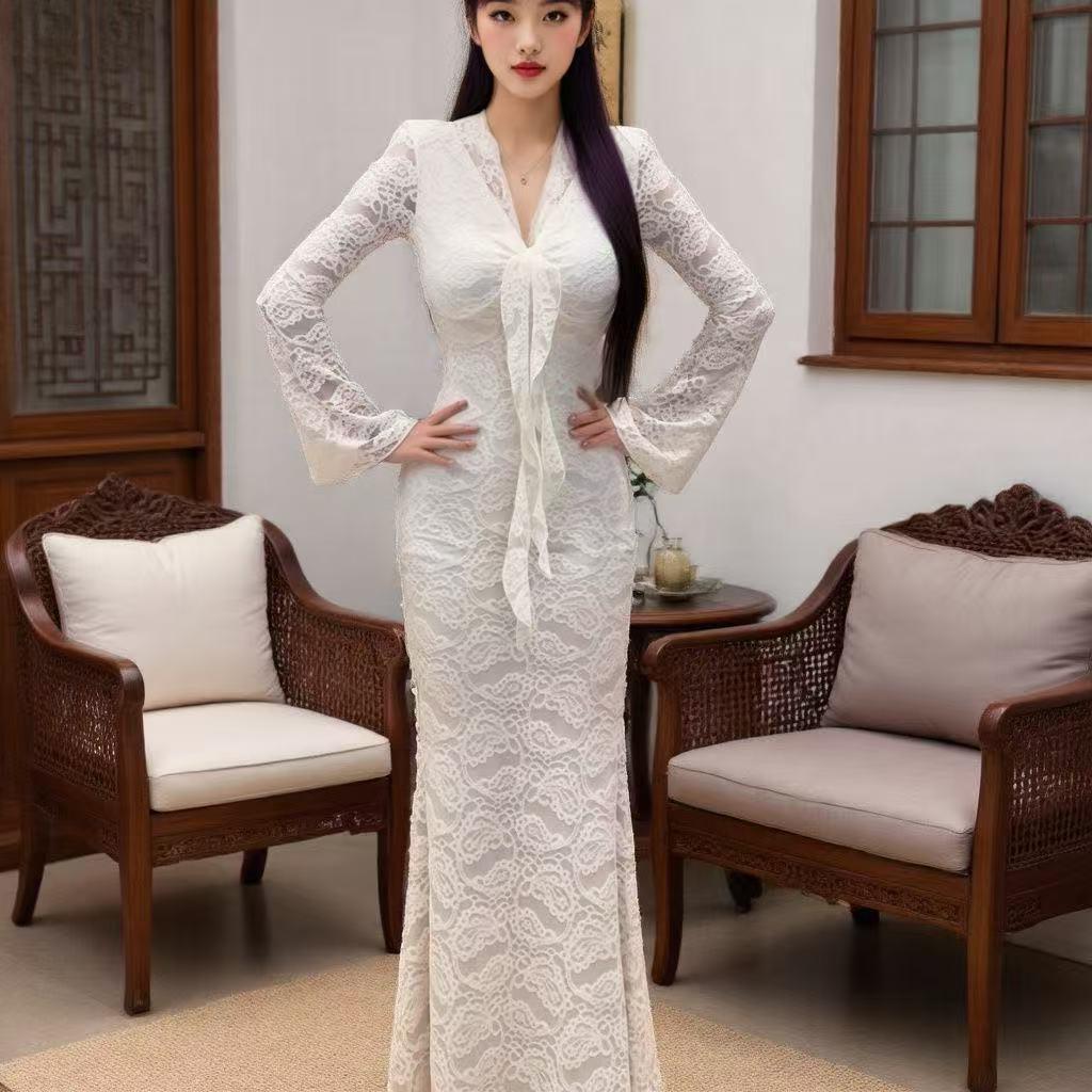 Women's V-Neck Lace Flare Long Sleeve Dress - Slimming Spicy Girl Style, New Autumn/Winter Collection