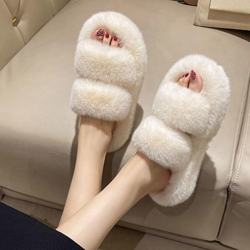 Stepping On Shit Fluffy Slippers Women's Outer Wear 2025 Autumn and Winter New Thick-soled Fluffy Shoes Black and White One-word Slippers