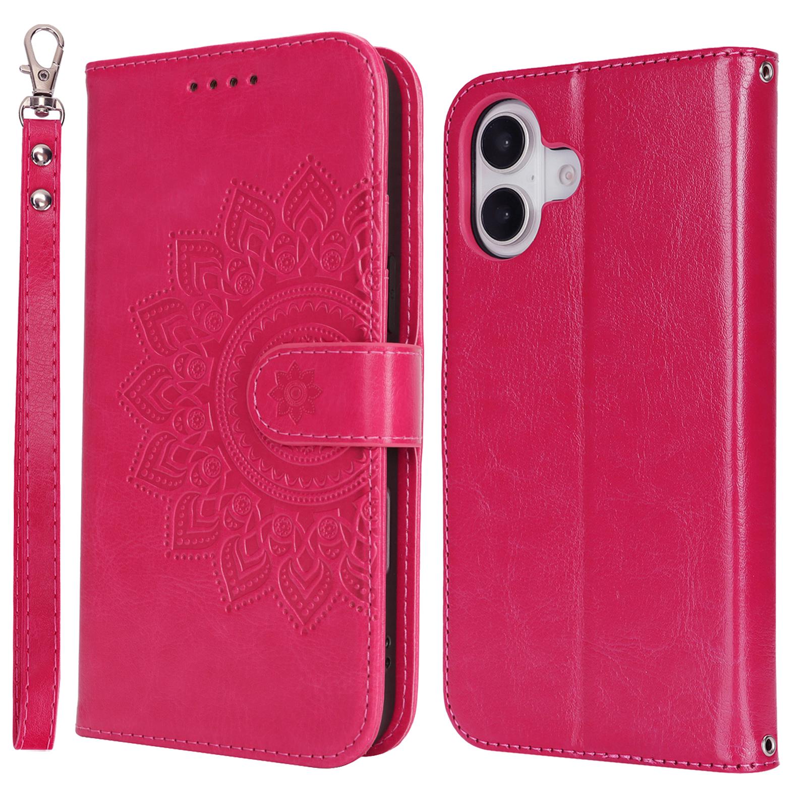 

For iPhone 16 Plus Stand Case Textured Leather Wallet Phone Cover with Strap Rose