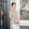 Medium stand-up collar silk shirt women's short-sleeved summer new mulberry silk lace-up pleated fashion top