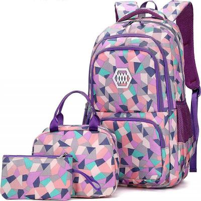 3Pcs Geometric Prints Primary School Student Satchel Backpack Elementary Boys Book Bag School Rucksack for Kids with Lunch Bag Pencil Case Size Large