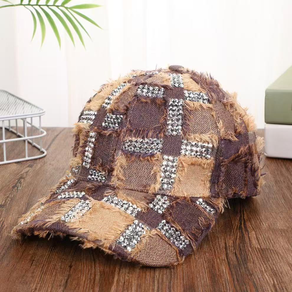 Vintage Distressed Frayed Denim Baseball Cap, Plaid Rhinestone Bling Hat, Y2K Hip Hop Streetwear For Women, Casual Sun Hat