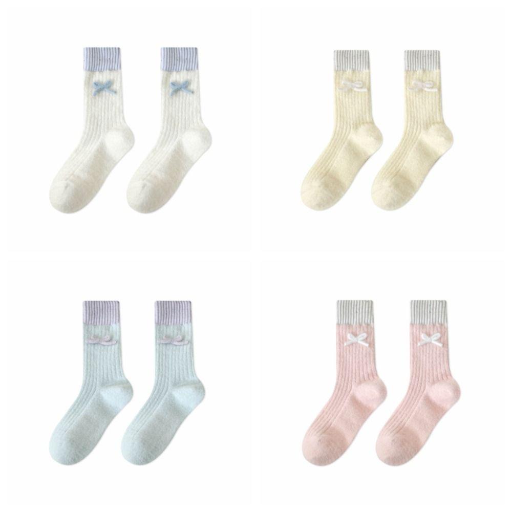 Soft Plush Sleep Socks Bowknot Warm Home Socks Simple Middle Tube Socks  Indoor Use