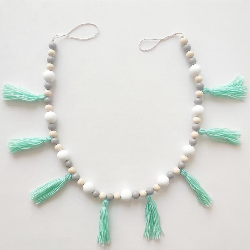 Nordic Cotton Rope Wooden Bead Garland with Tassel Wall Hanging Nursery Props Ornament Kids Baby Room Decor