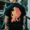 Summer 100% cotton cartoon anime Day clothing Samurai Cat Print T-shirt Men's Hip Hop retro casual o collar loose T-shirt