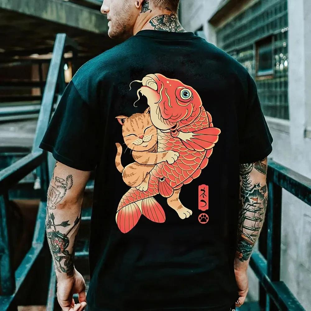 Summer 100% cotton cartoon anime Day clothing Samurai Cat Print T-shirt Men's Hip Hop retro casual o collar loose T-shirt
