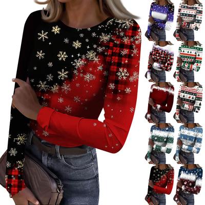 Women's  Slim Bottom T-shirt Fashion Casual Gradient Printing Round Neck Pullover Long Sleeve Top